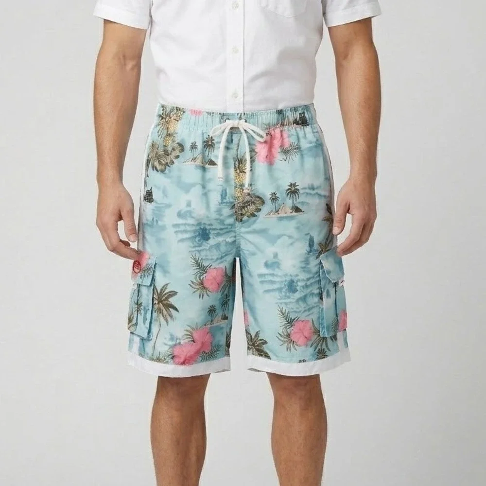 Ingear Mens Medium Tropical Hibiscus Cargo‎ Board Swim Shorts Mesh Liner EUC